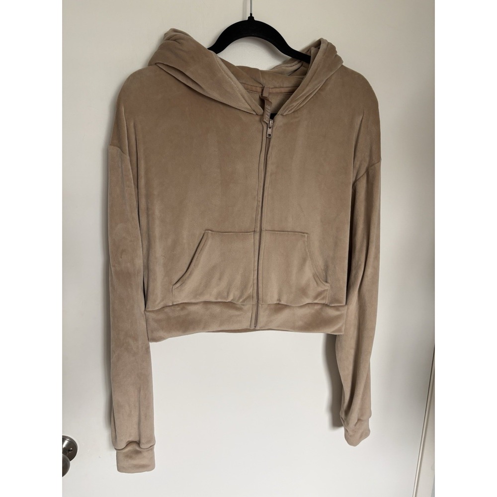 Skims Women's Y2K Velour Zip up Cropped Track Hoodie In Beige size S